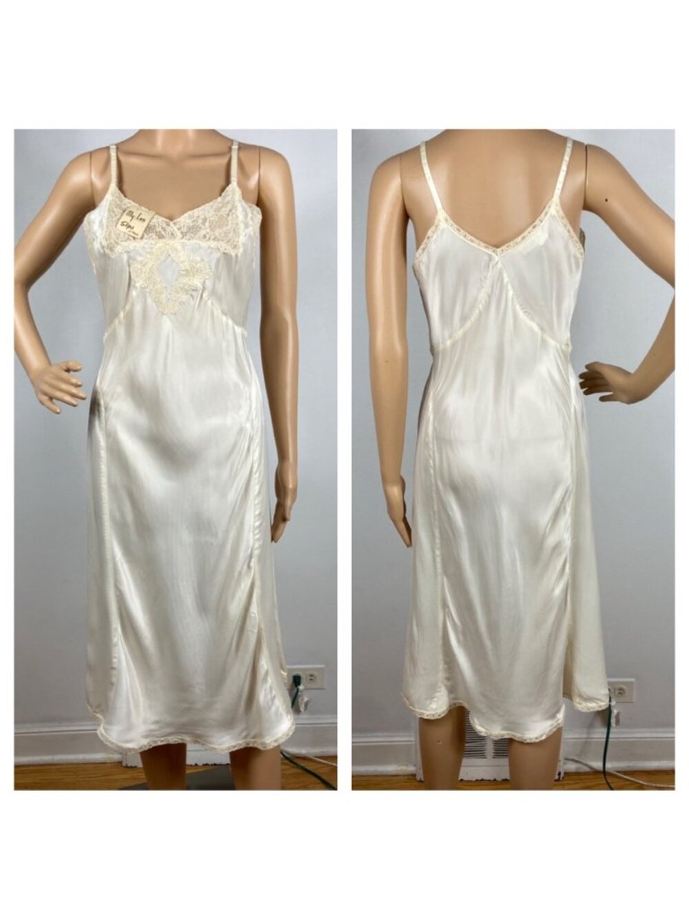 Vtg 1940s Deadstock Silky Rayon Full Slip Sz S Lace Dress Lingerie My-Len